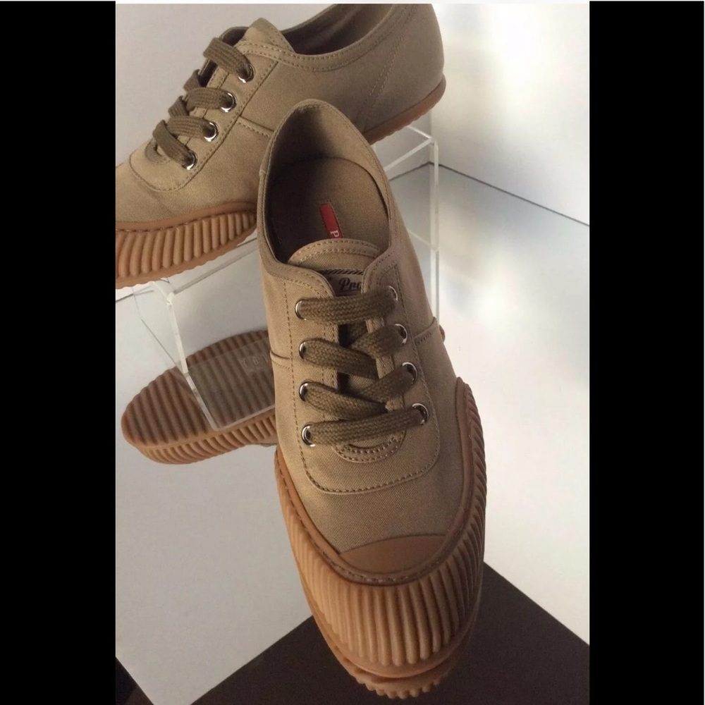 Prada New Sz.35.5 Gaberdine Khaki Lace up Sneaker - Picture 3 of 14